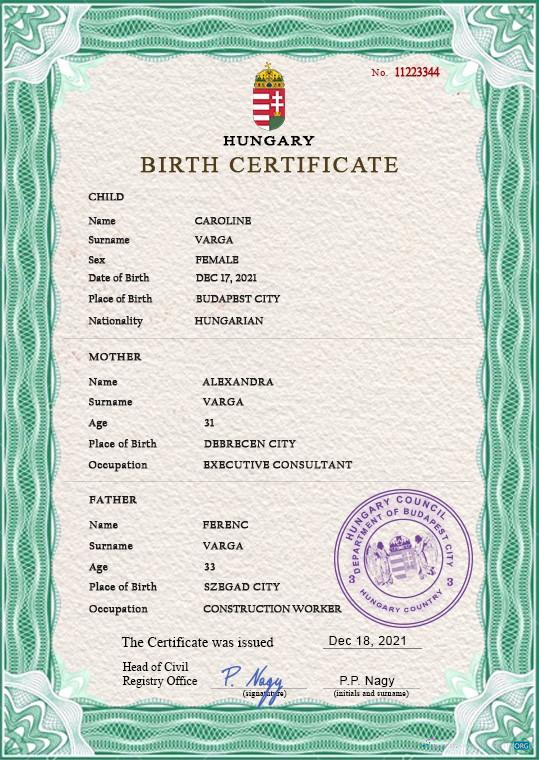 Download Hungary birth certificate PSD template Photoshop template